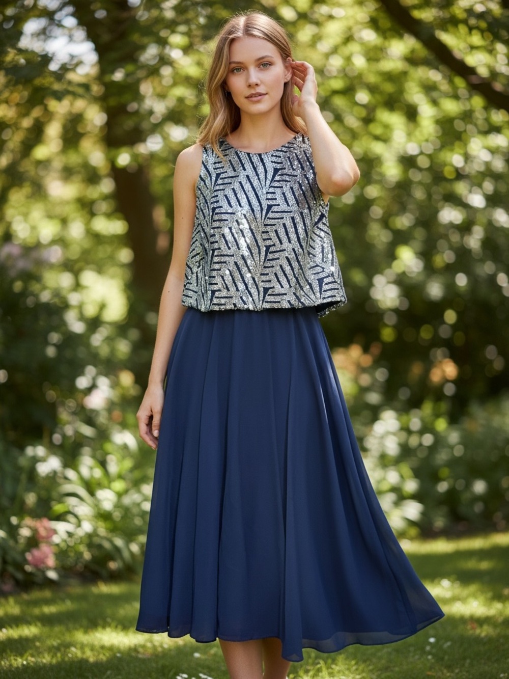 Speechless Navy Midi Skirt with Silver Sequin Bodice